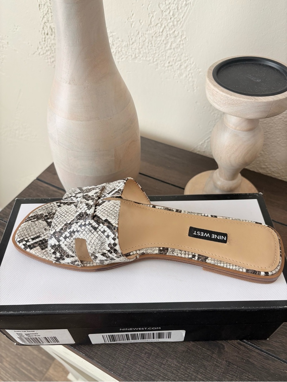 Nine West Snake Print Slide Sandals in Black and Cream